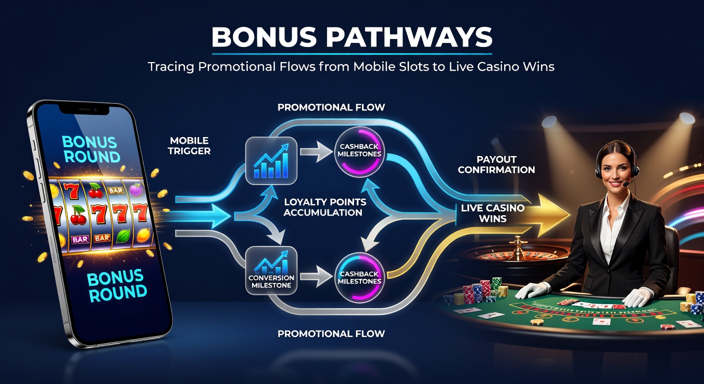 Dynamic flowchart illustrating bonus progression from mobile slot icons to live casino tables with jackpot symbols