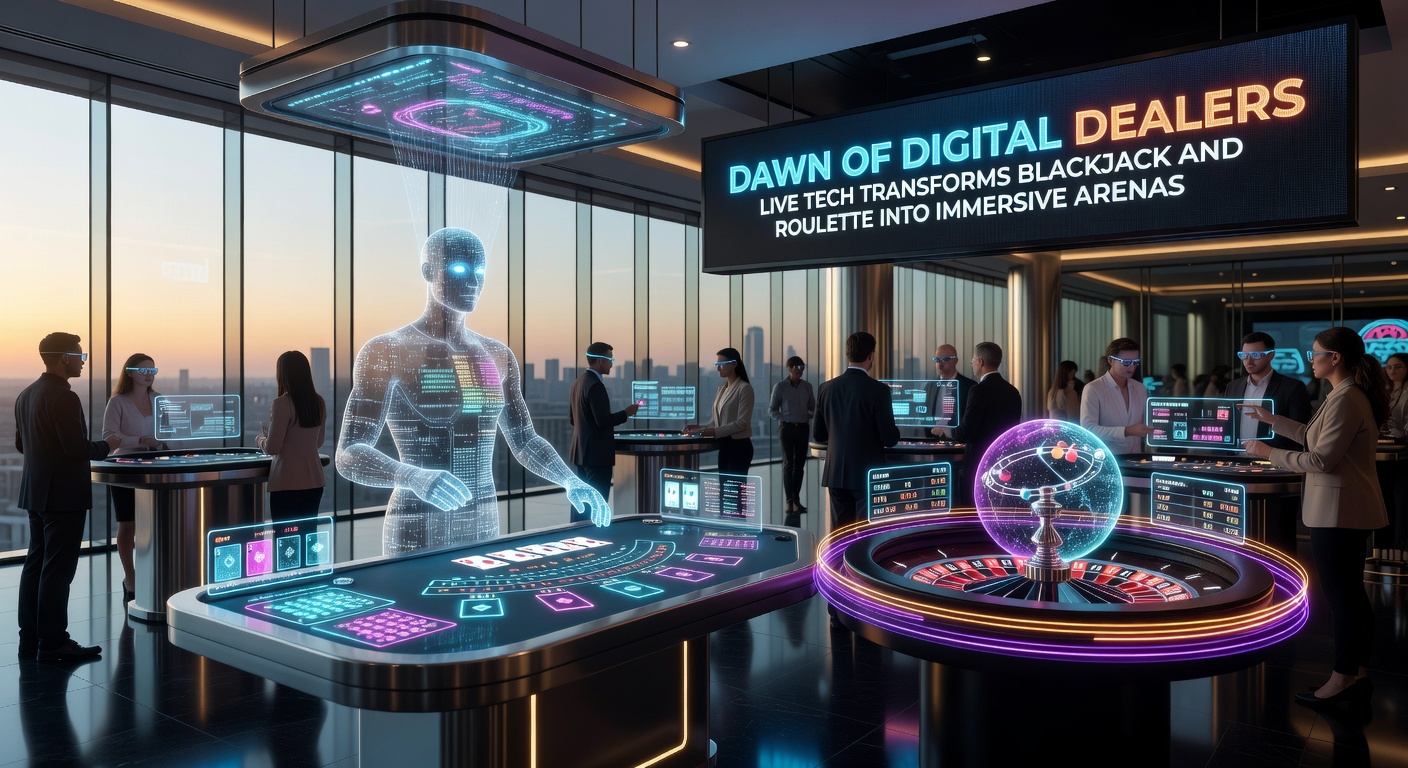 Immersive roulette wheel in action with lightning multipliers and AR digital effects exploding around the table in a futuristic studio setting