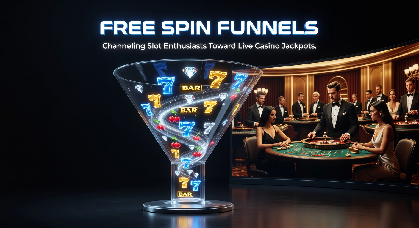 Animated funnel graphic showing slot icons pouring into live casino jackpot symbols, with glowing coins cascading downward