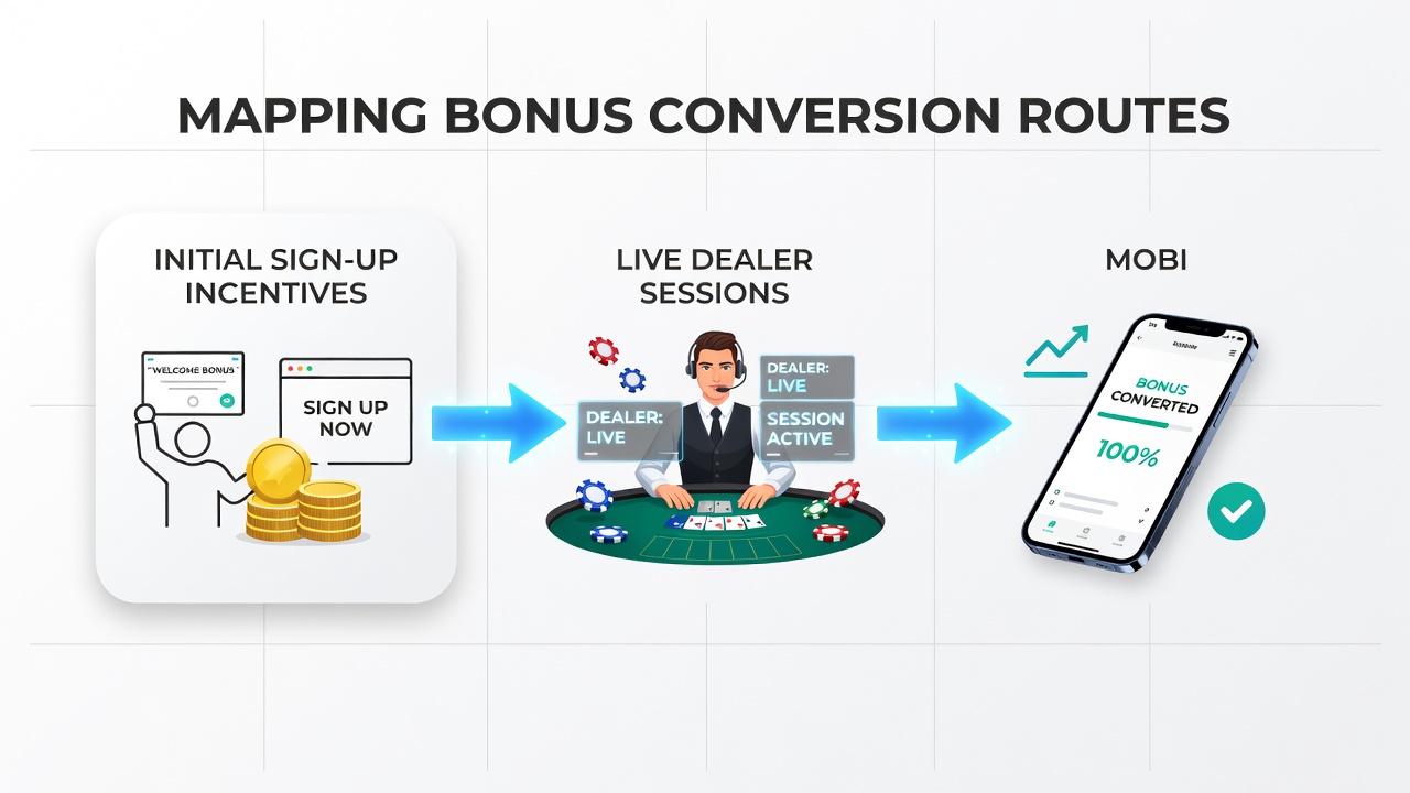 Illustration of mobile app interface displaying accumulated bonus points from live sessions converted into slot rewards