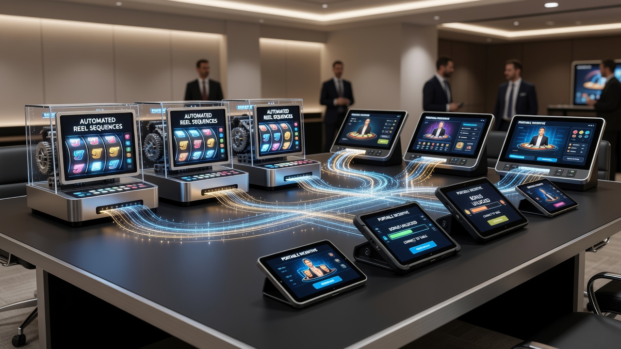 Illustration of players moving from mobile slot reels to live dealer tables using portable bonuses