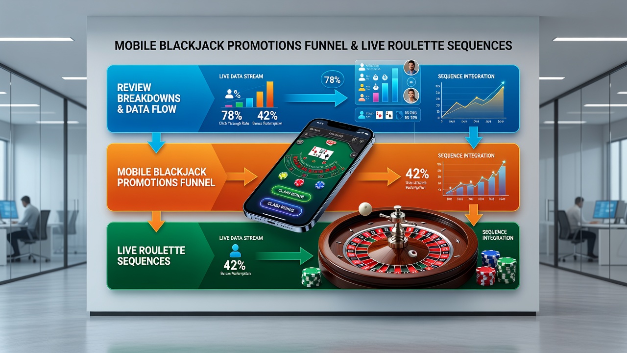 Casino review dashboard displaying bonus flow from blackjack to roulette and slots