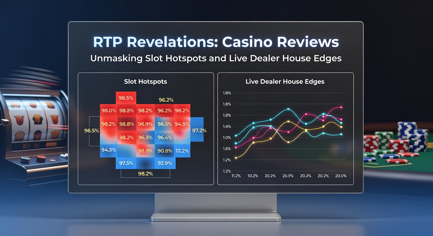Live dealer at a blackjack table dealing cards under bright casino lights, with overlaid graphics showing house edge calculations and RTP comparisons