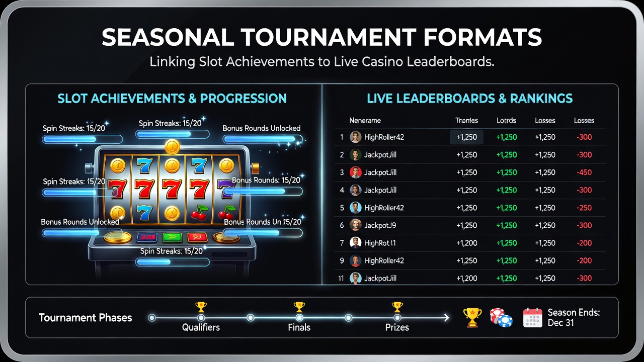 Live casino leaderboard display integrated with slot tournament progress indicators