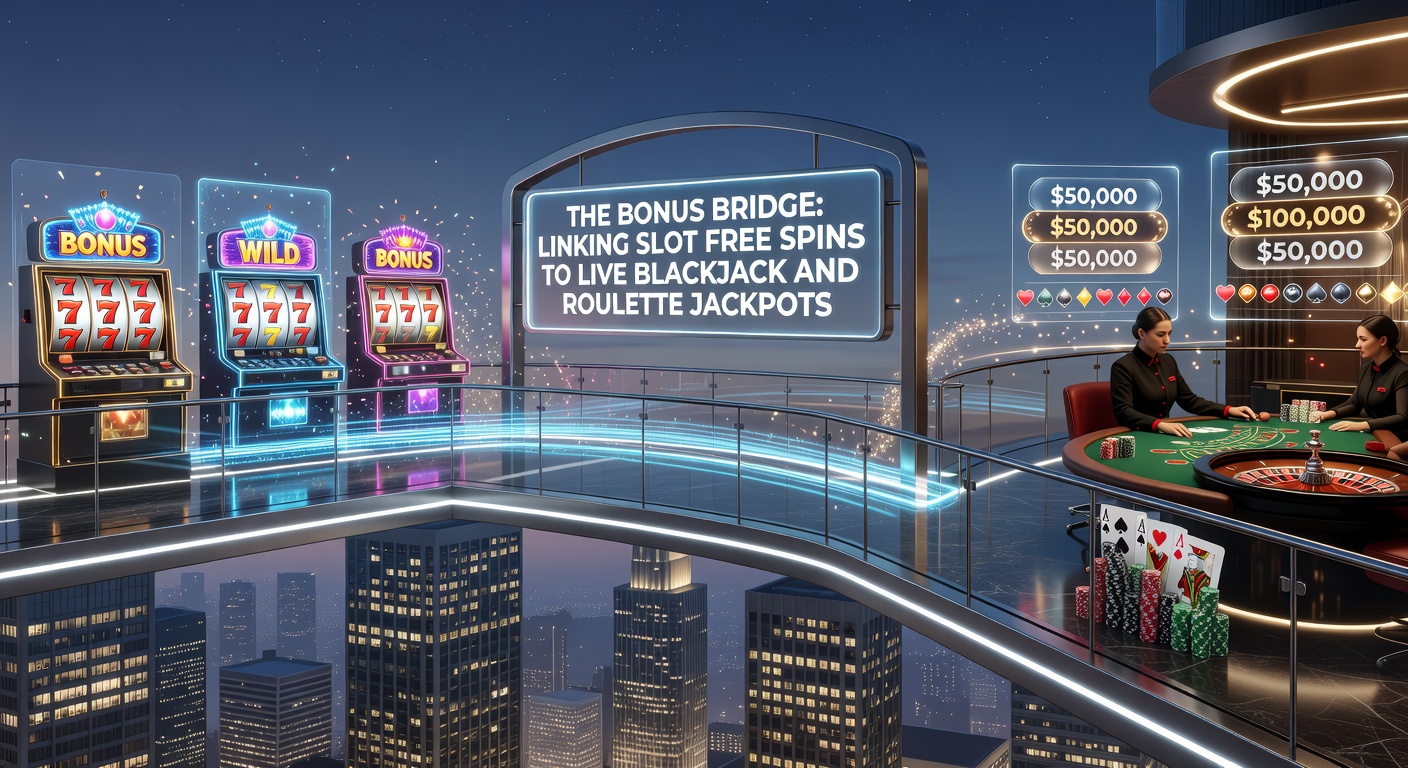 Dynamic graphic showing free spin winnings flowing across a digital bridge into a live roulette wheel with exploding jackpots