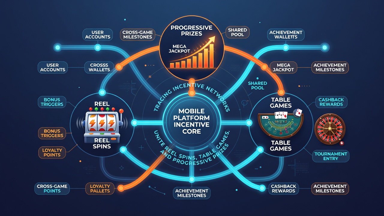 Illustration of interconnected mobile gaming incentives showing slot reels flowing into table game icons and progressive jackpot meters